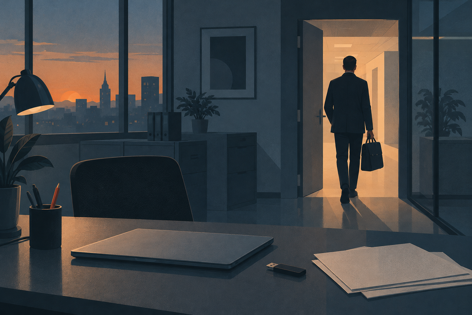 Illustration of an employee leaving an office, with a closed laptop, storage device and documents on a desk.