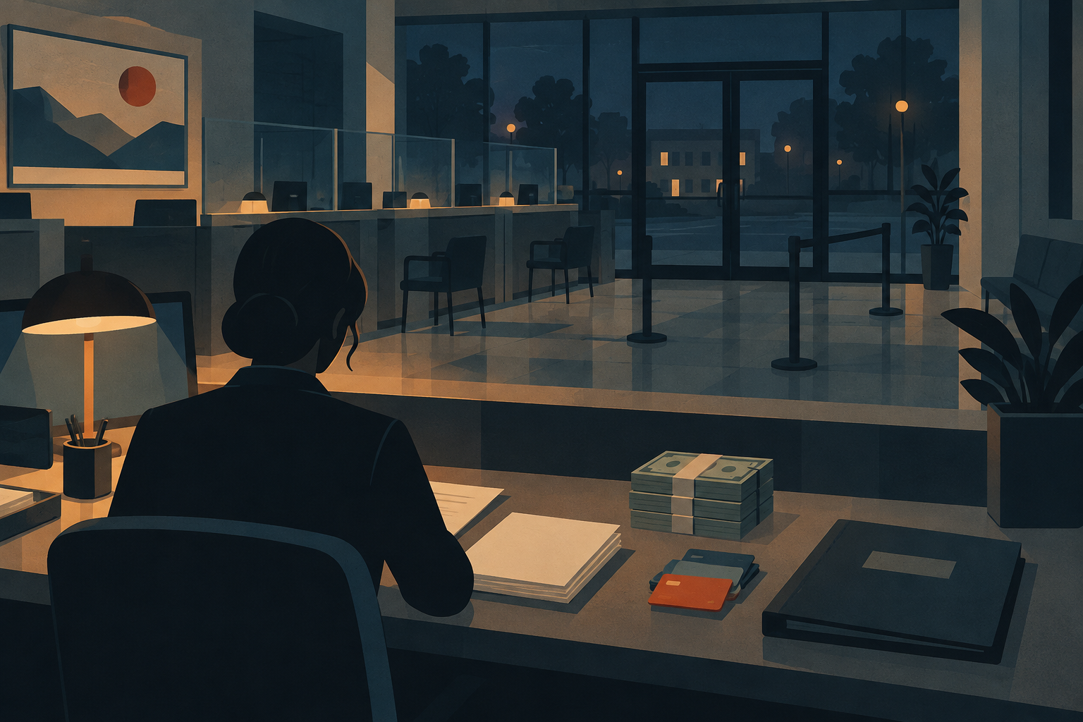 Illustration of a silhouetted bank employee beside cash, transaction forms and gift cards at a counter.