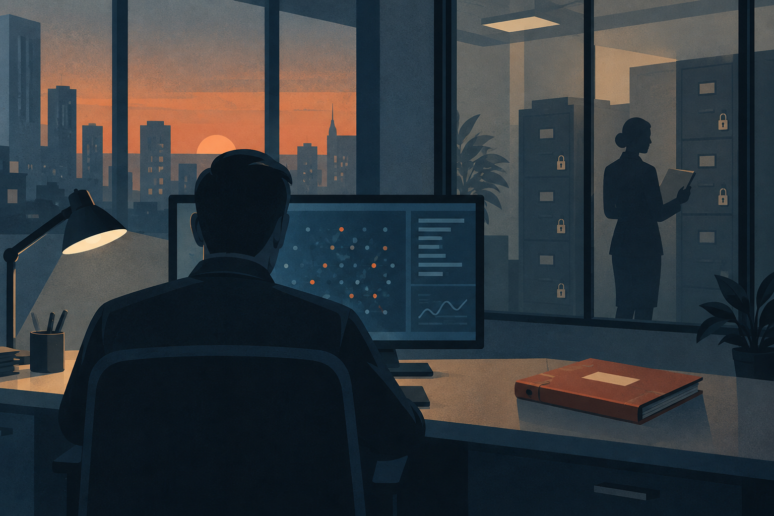 Illustration of a security analyst reviewing abstract activity patterns, with an employee silhouette beyond a glass partition.