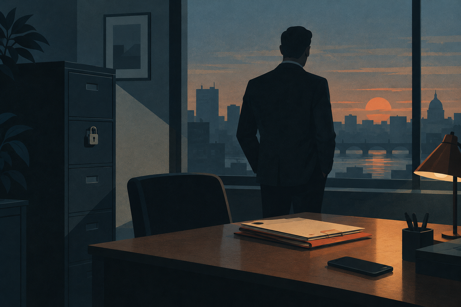 Anonymous figure beside document folders and a smartphone in a dim office with a locked filing cabinet.
