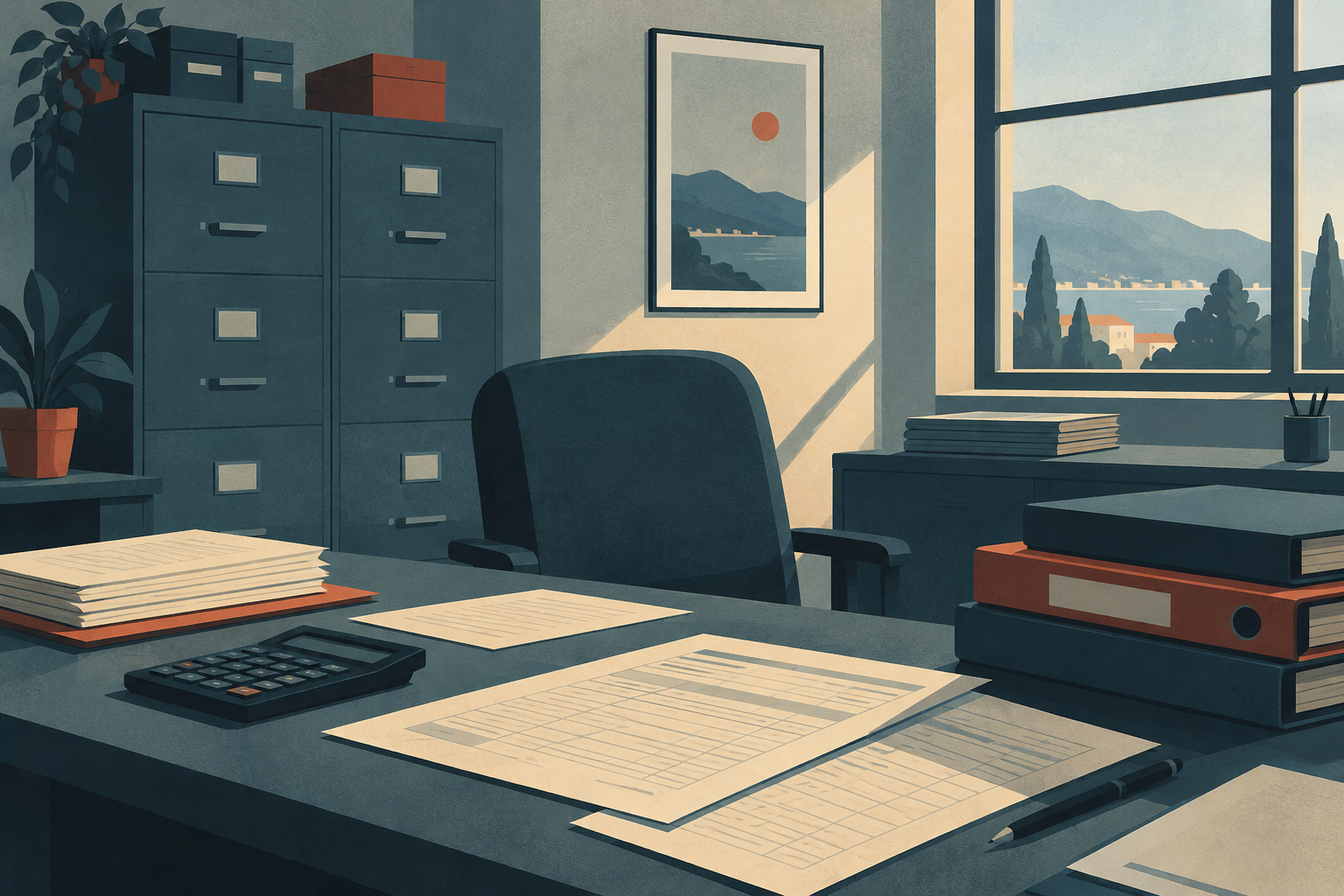 Payment records, a calculator and folders on a desk in an unoccupied administrative office.