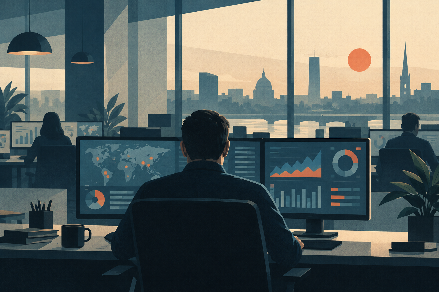 Security analyst viewed from behind reviewing abstract activity charts in an office.