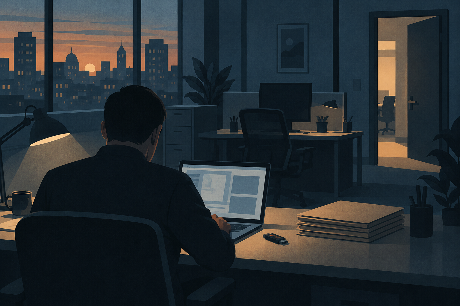 Illustration of an investigator examining a laptop and USB drive beside an empty office workstation.