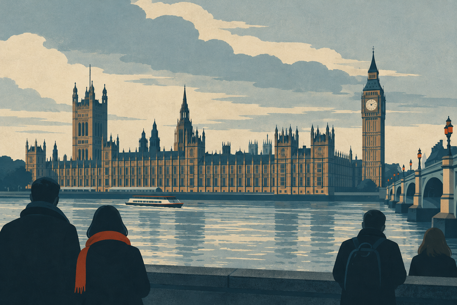 The Palace of Westminster across the Thames, with pedestrians in the foreground.