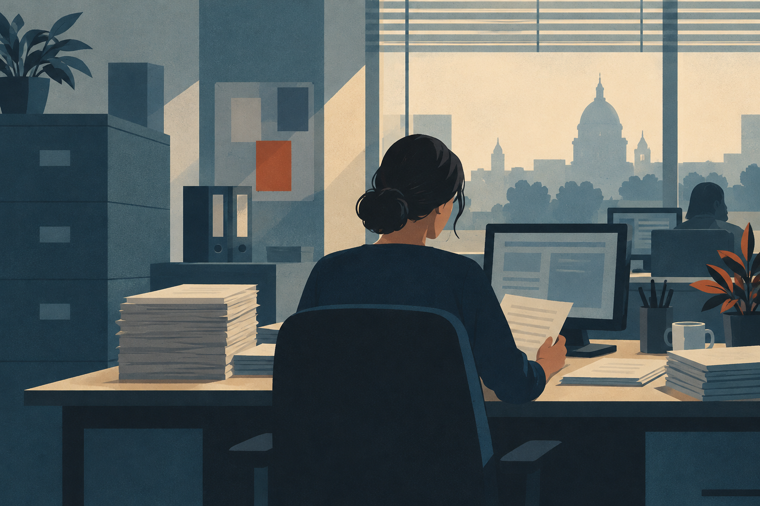An anonymous administrative worker handling paperwork at a computer in a public-service office.