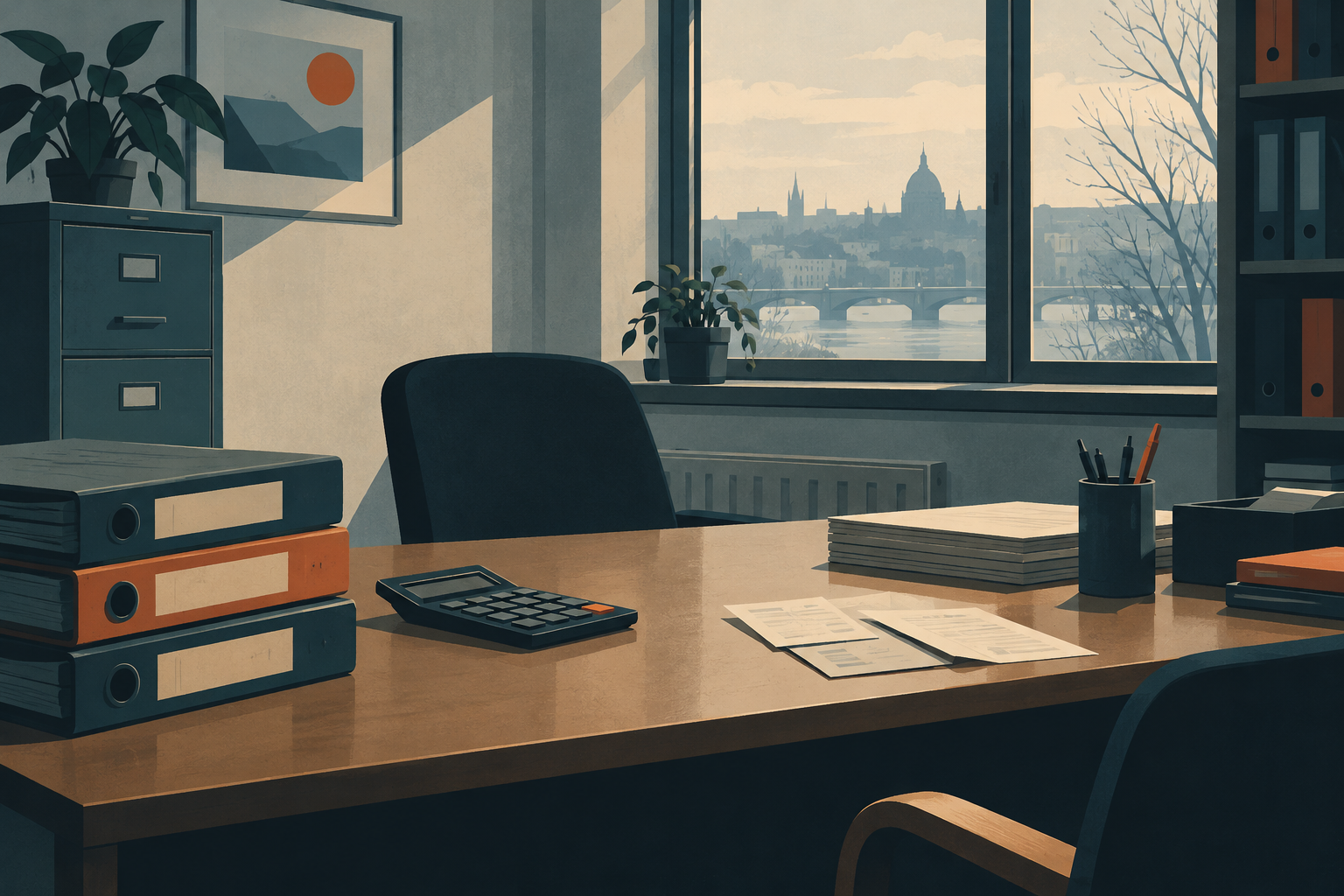 Accounting folders, a calculator and face-down receipts on an office desk.