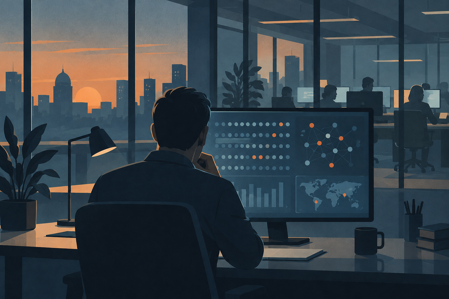 An analyst studies abstract daily activity patterns on a monitor in a quiet security office.