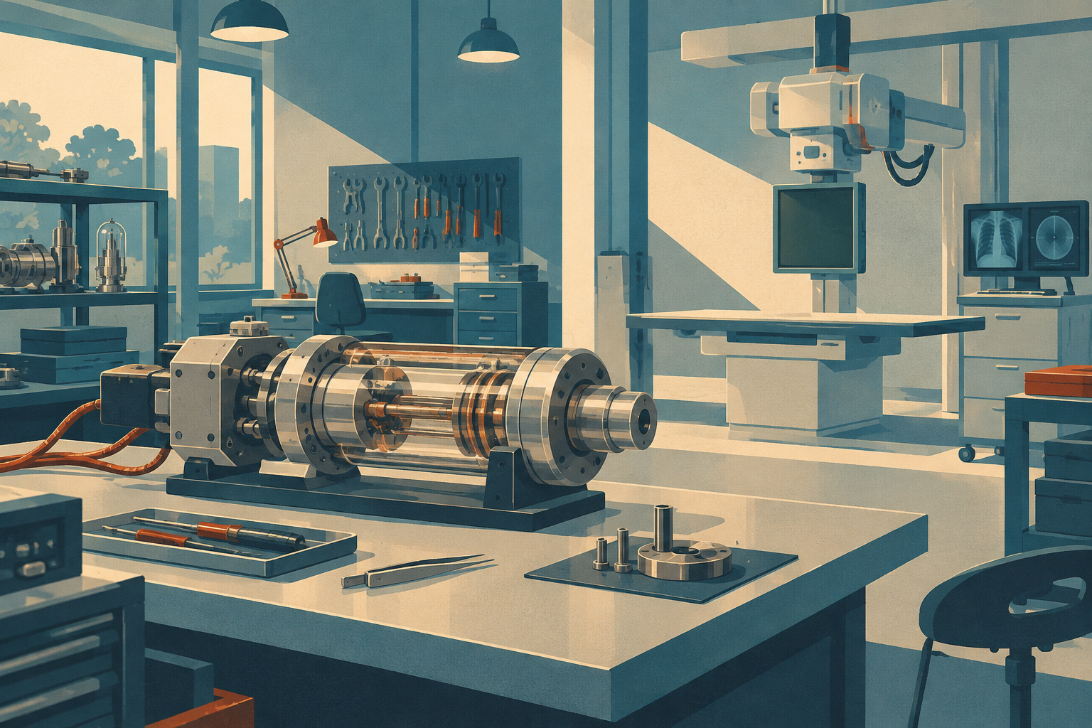 X-ray tube assembly and precision tools on a workbench in a medical imaging laboratory.