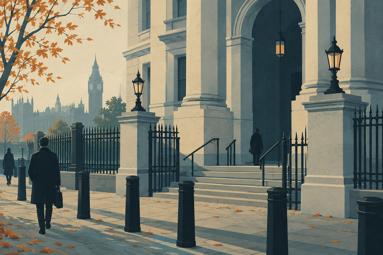 Stone entrance and security railings outside a London court in autumn daylight.