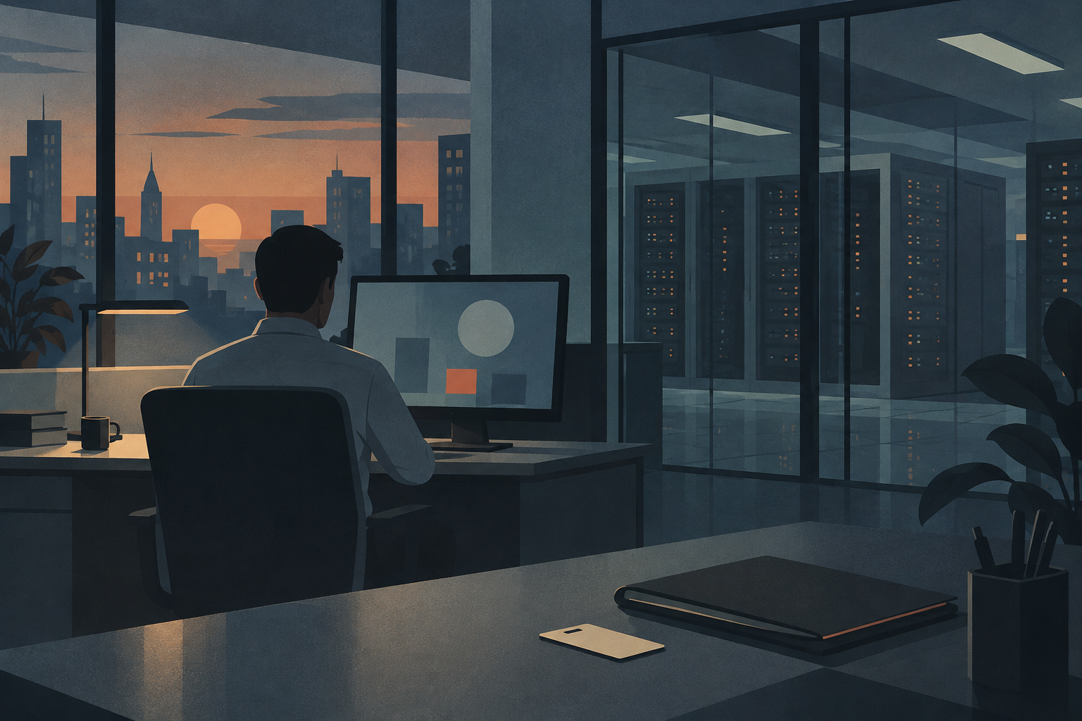 Illustration of an employee at an office workstation, with an access card on the desk and server cabinets beyond glass.