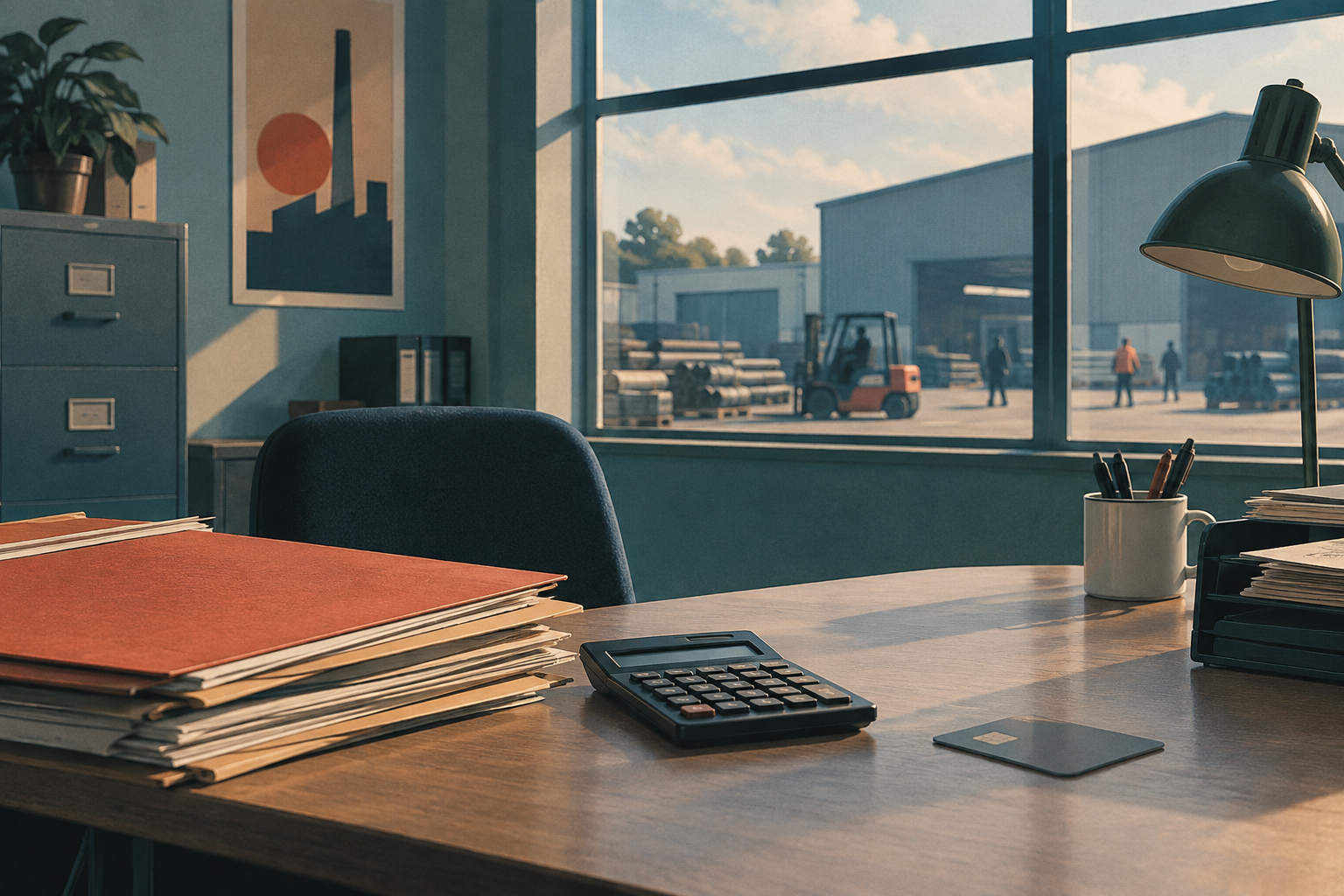 Invoice folders, a calculator and a face-down payment card on an industrial office desk.