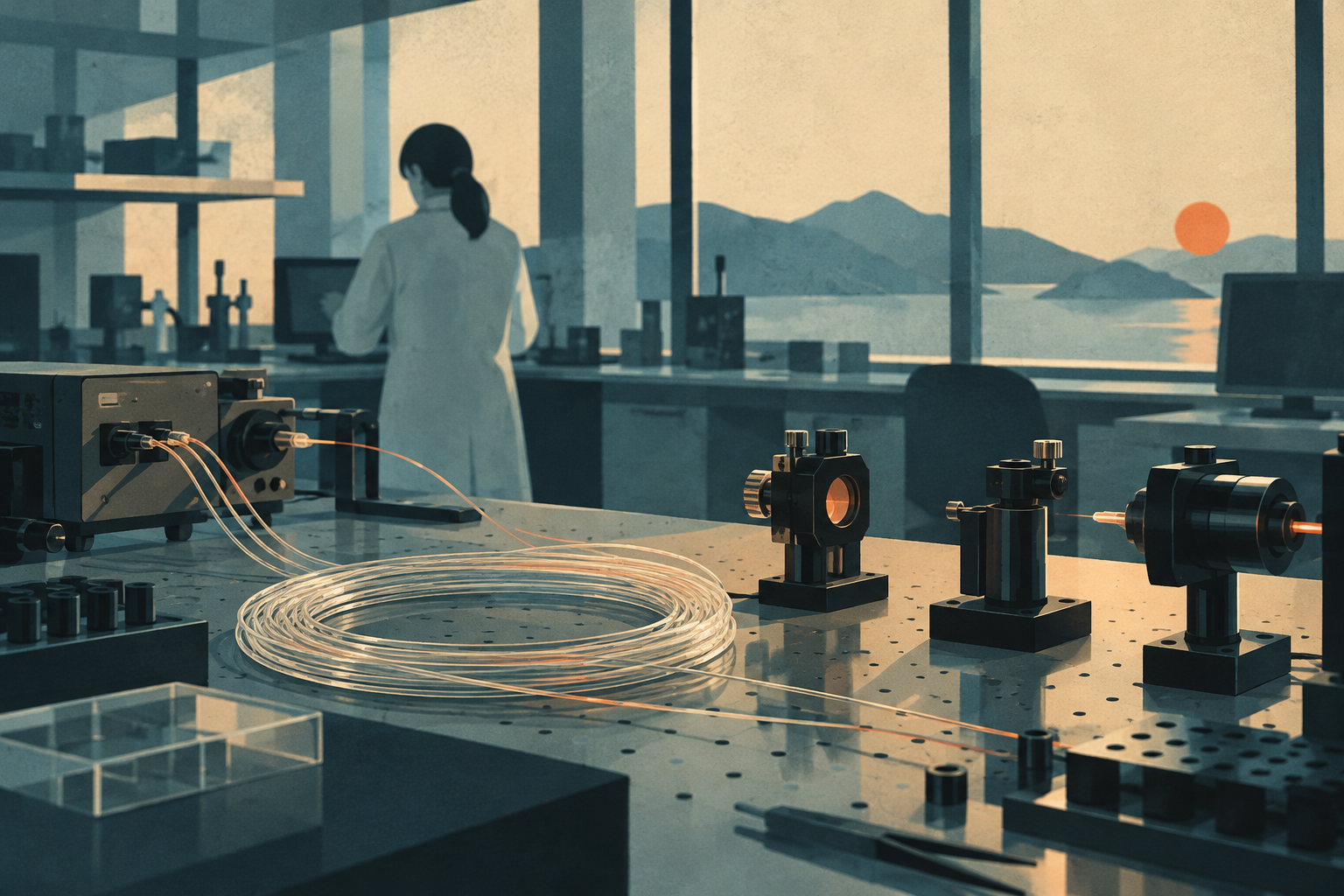 Coiled optical fibres and precision components on a laboratory workbench, with a worker in the background.