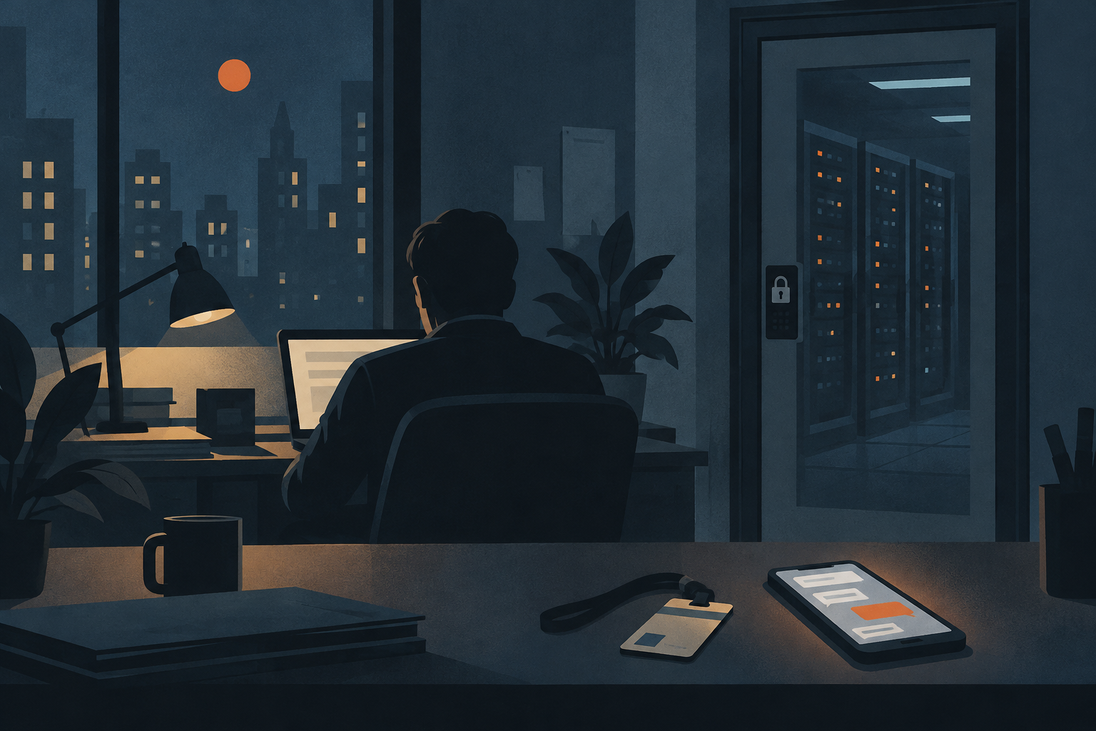 Illustration of an anonymous office worker beside a phone and access card, with a locked server room behind.