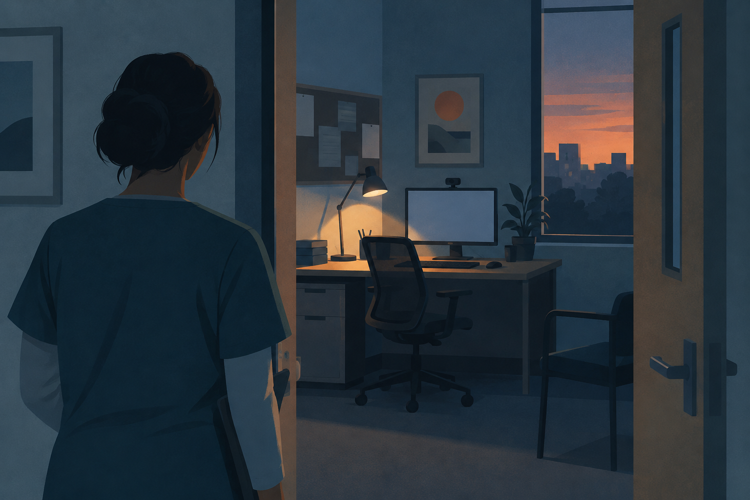 Illustration of a healthcare staff office with a computer and webcam, viewed from a corridor at dusk.