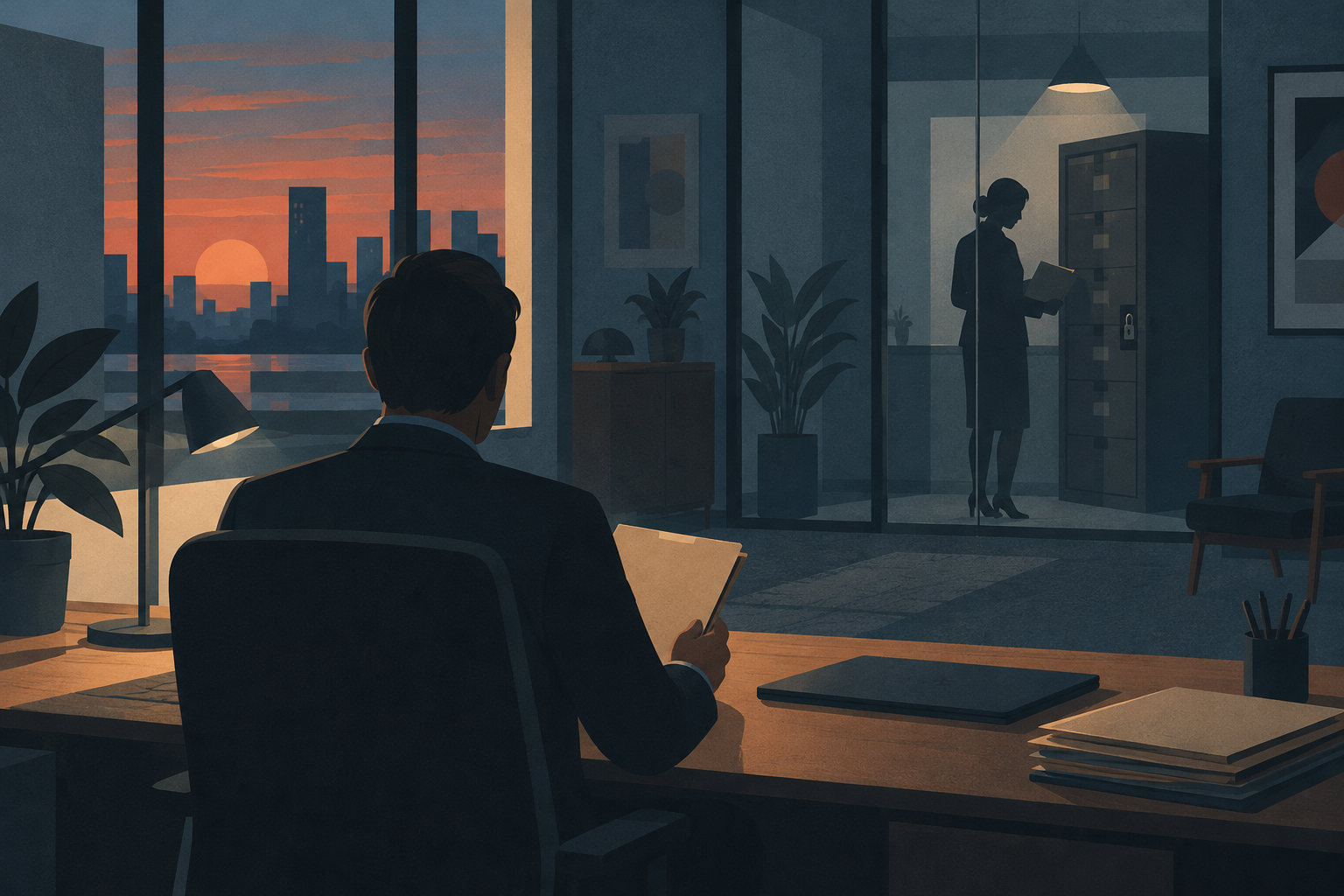 Illustration of an employee at an office desk with another figure beyond a glass partition.