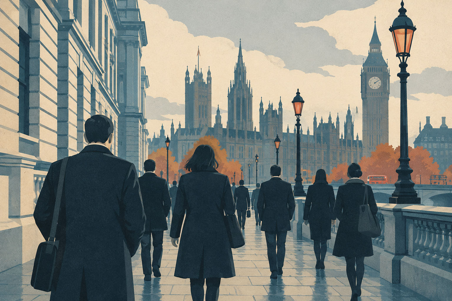 Anonymous office workers walking past government buildings in Westminster.