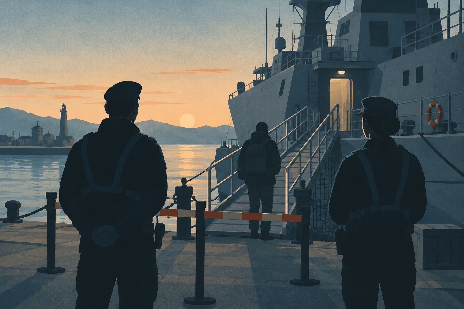 Illustration of two duty crew members watching a boarding point beside a cutter at dawn.