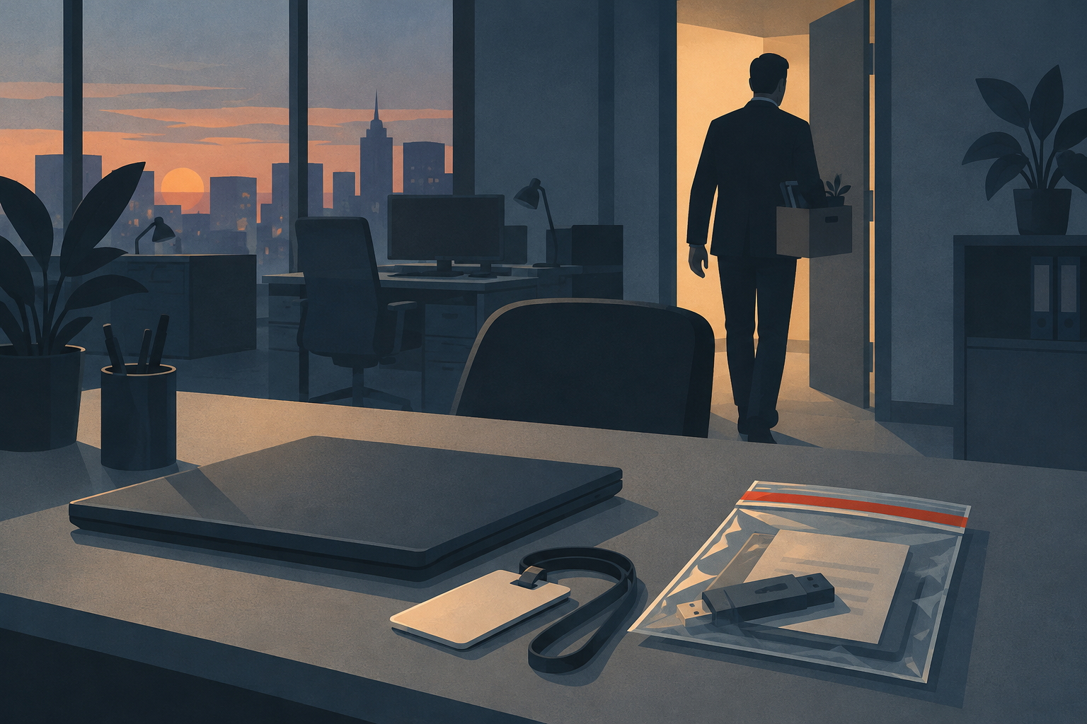 Illustration of a departing worker behind a desk holding a laptop, access card and sealed evidence pouch.
