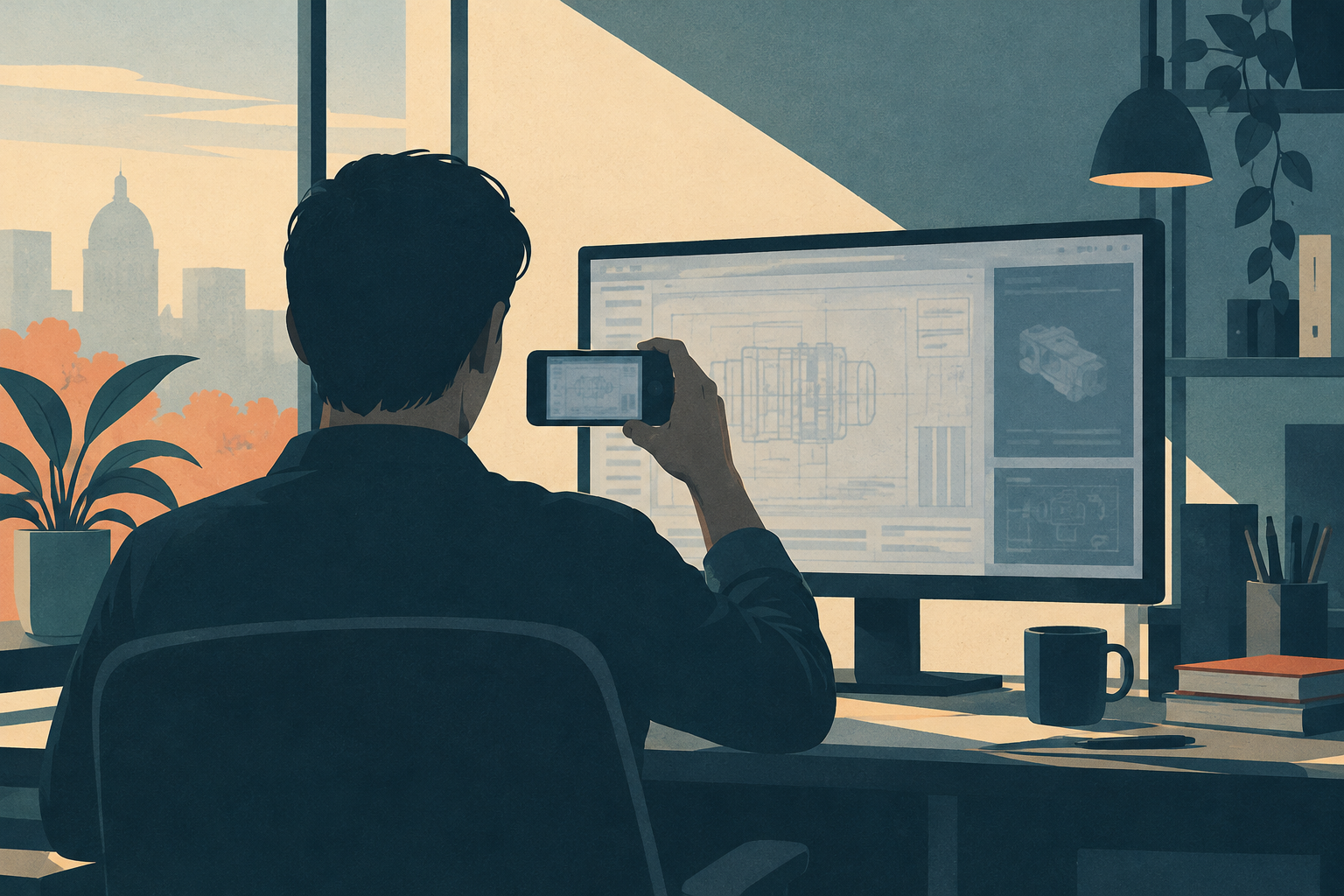 Anonymous person holding a mobile phone towards a computer monitor in an office.