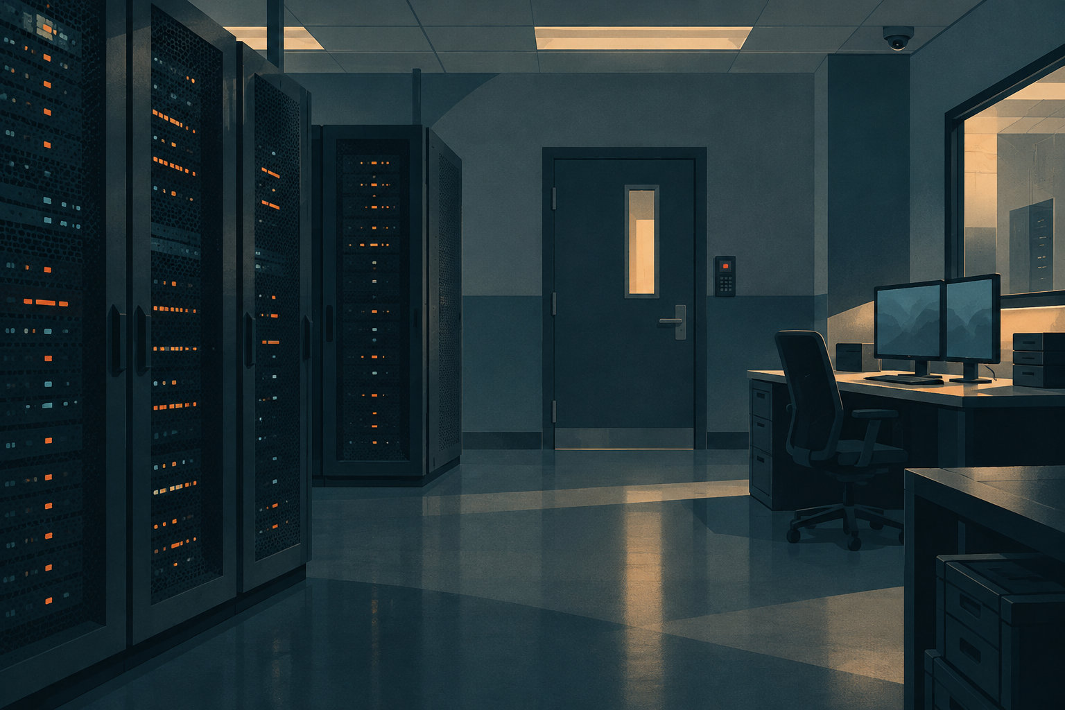 An unoccupied secure computing room with server cabinets and an access-controlled door.