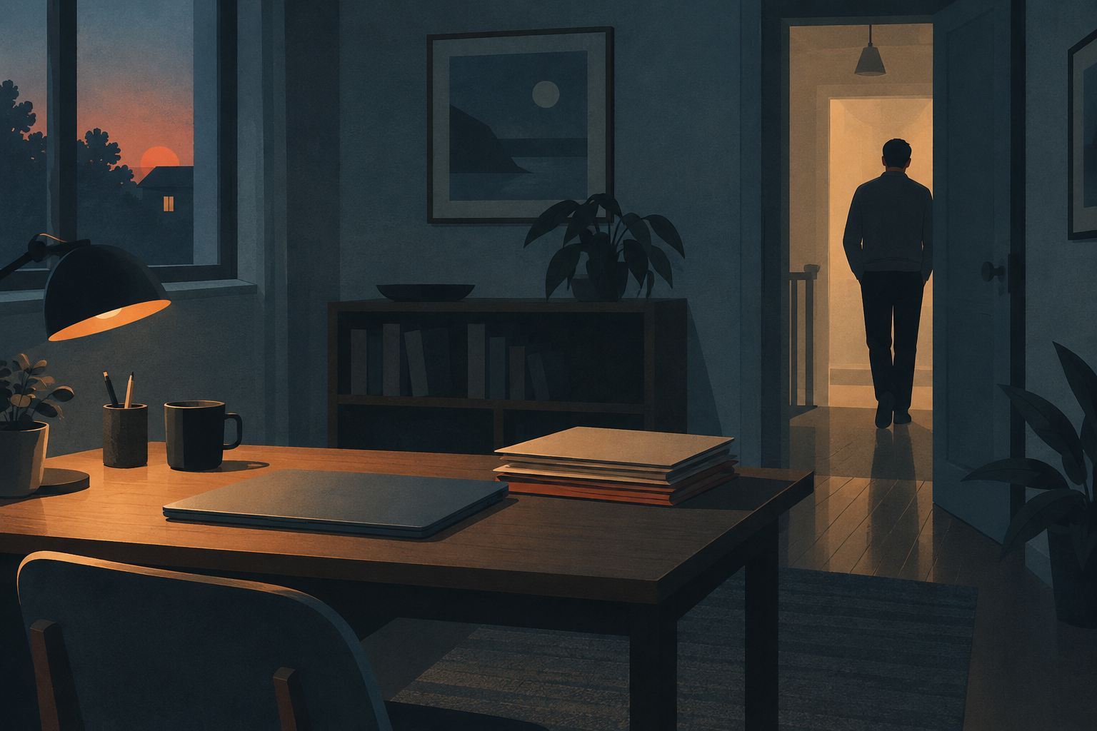 Illustration of unmarked document folders and a closed laptop on a home desk, with a silhouetted figure in the doorway.