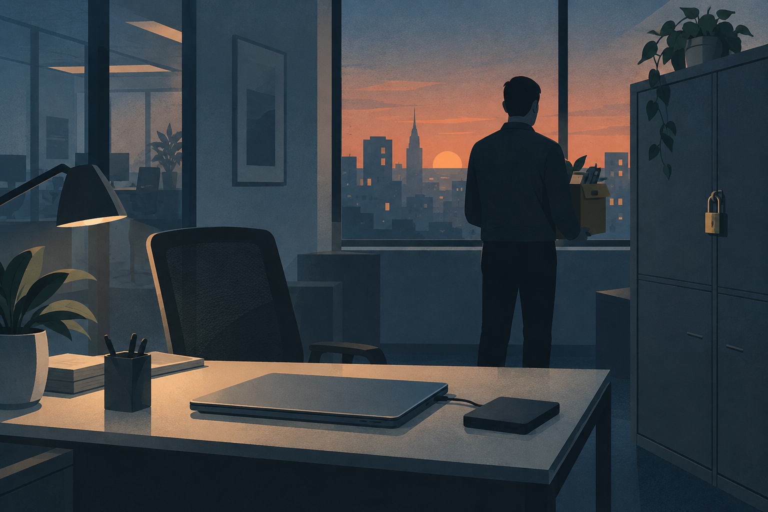Illustration of an IT worker beside a vacated desk with a closed laptop, storage drive and locked records cabinet.