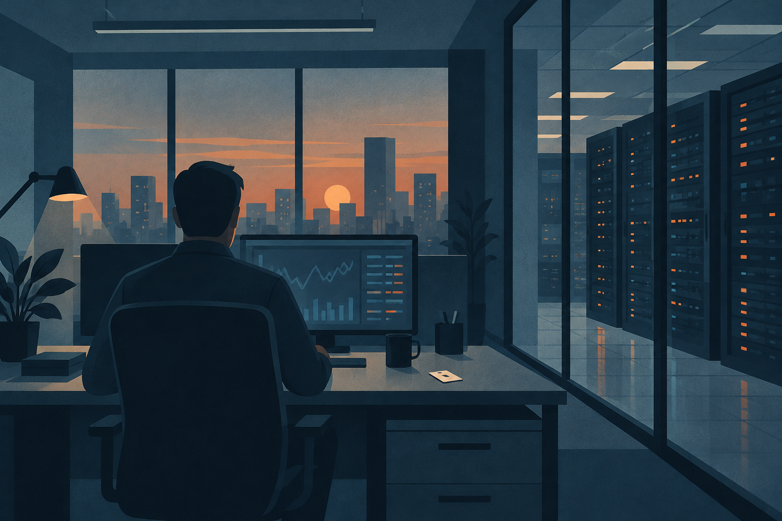 Illustration of an employee at a workstation beside a server room, with an access card on the desk.