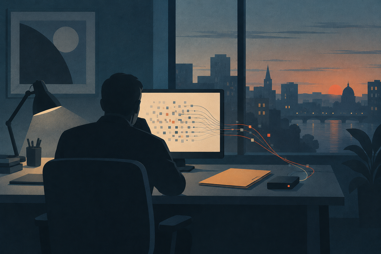 Illustration of a silhouetted analyst examining abstract data movements in a quiet office.