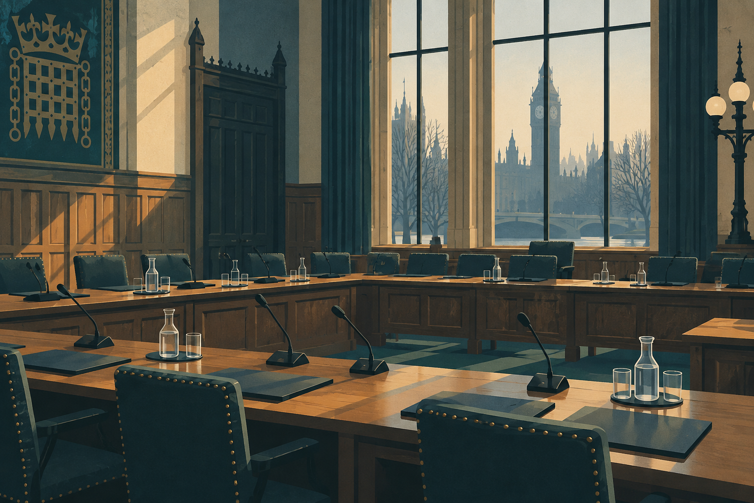 Empty parliamentary committee room with microphones and closed folders on wooden desks.