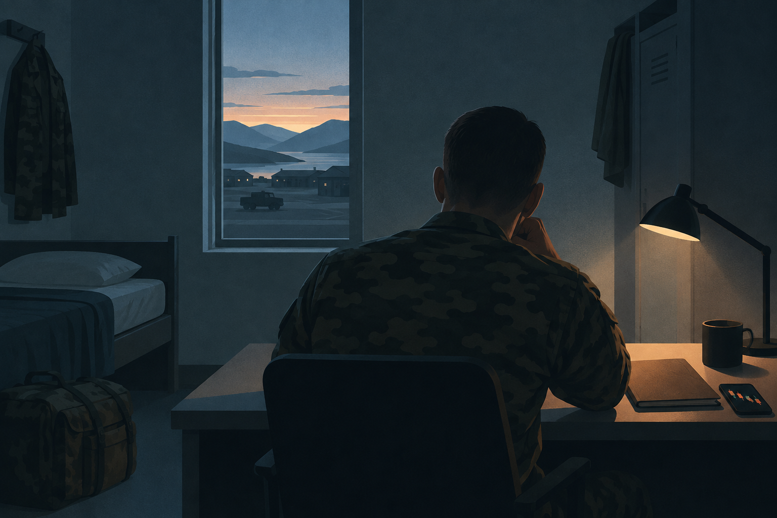 Illustration of a soldier seated at a desk beside a closed folder and smartphone before dawn.