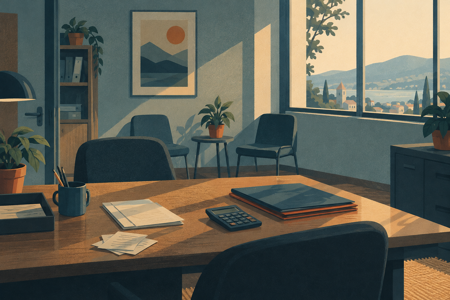 Calculator and accounting folders on an unoccupied desk in a modest nonprofit office.