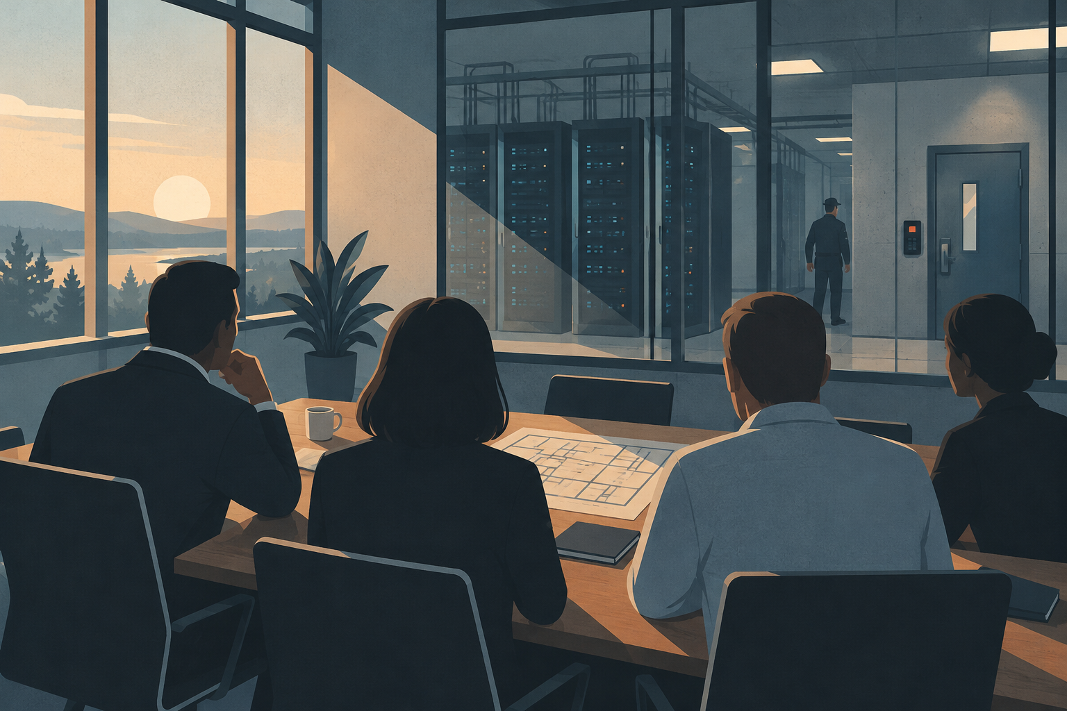 Illustration of a cross-departmental team meeting beside server cabinets and a secured access door.