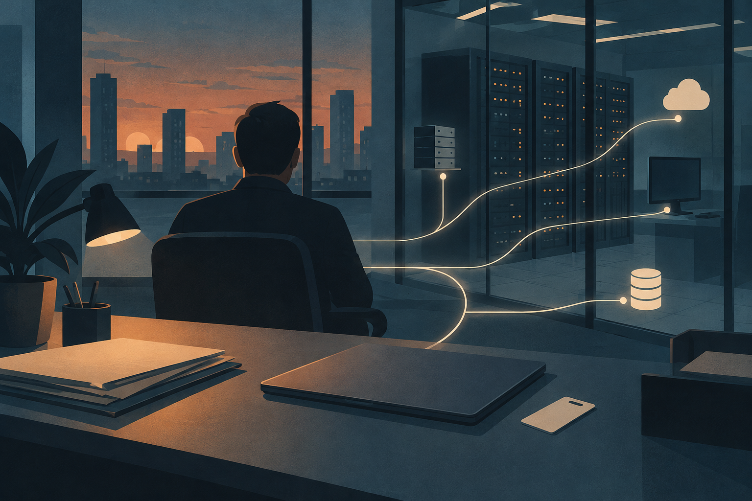 Illustration of an employee at an office desk with light paths connecting devices to a server room.