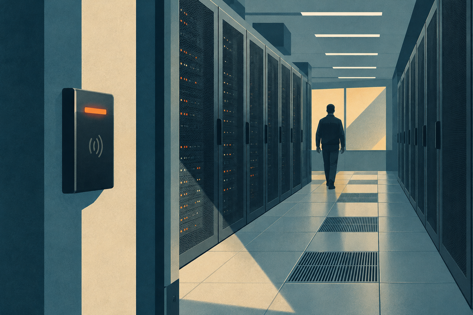Server cabinets and a staff access reader in a secure data centre corridor.