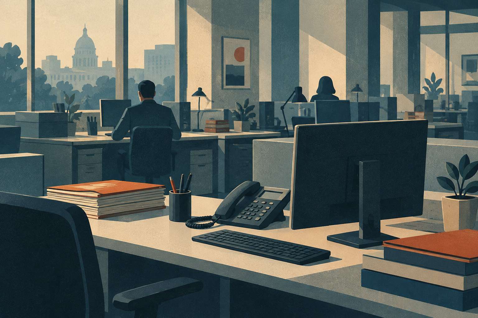 An empty public-service office workstation with a keyboard, telephone and closed files.