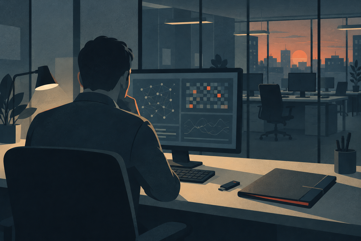 Illustration of an analyst reviewing activity at an office desk beside a USB drive and document folder.