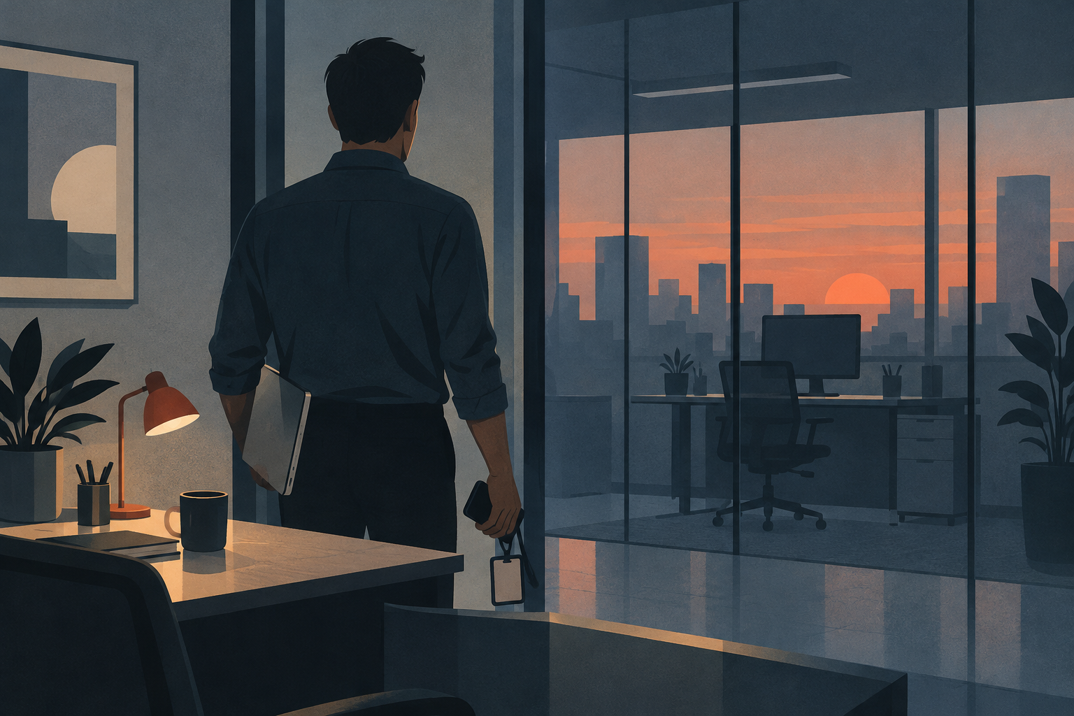 Illustration of an IT administrator beside returned devices and an access badge in an office at dusk.