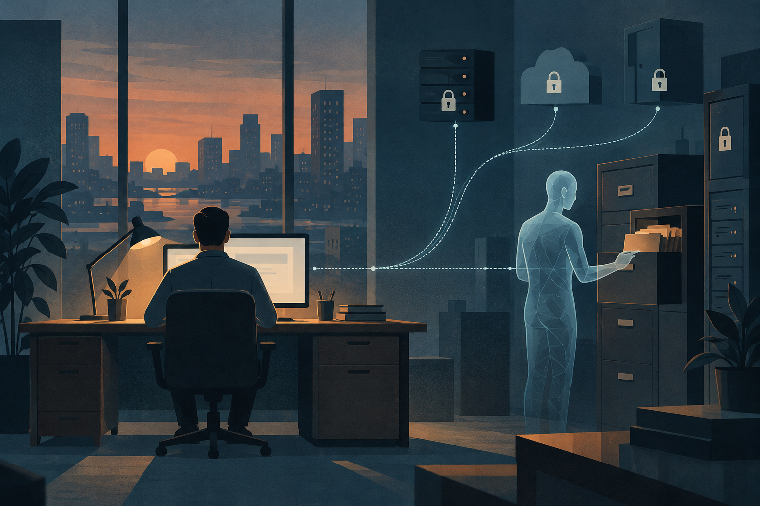 Illustration of an employee and an abstract digital assistant beside office document storage, suggesting shared access to sensitive information.