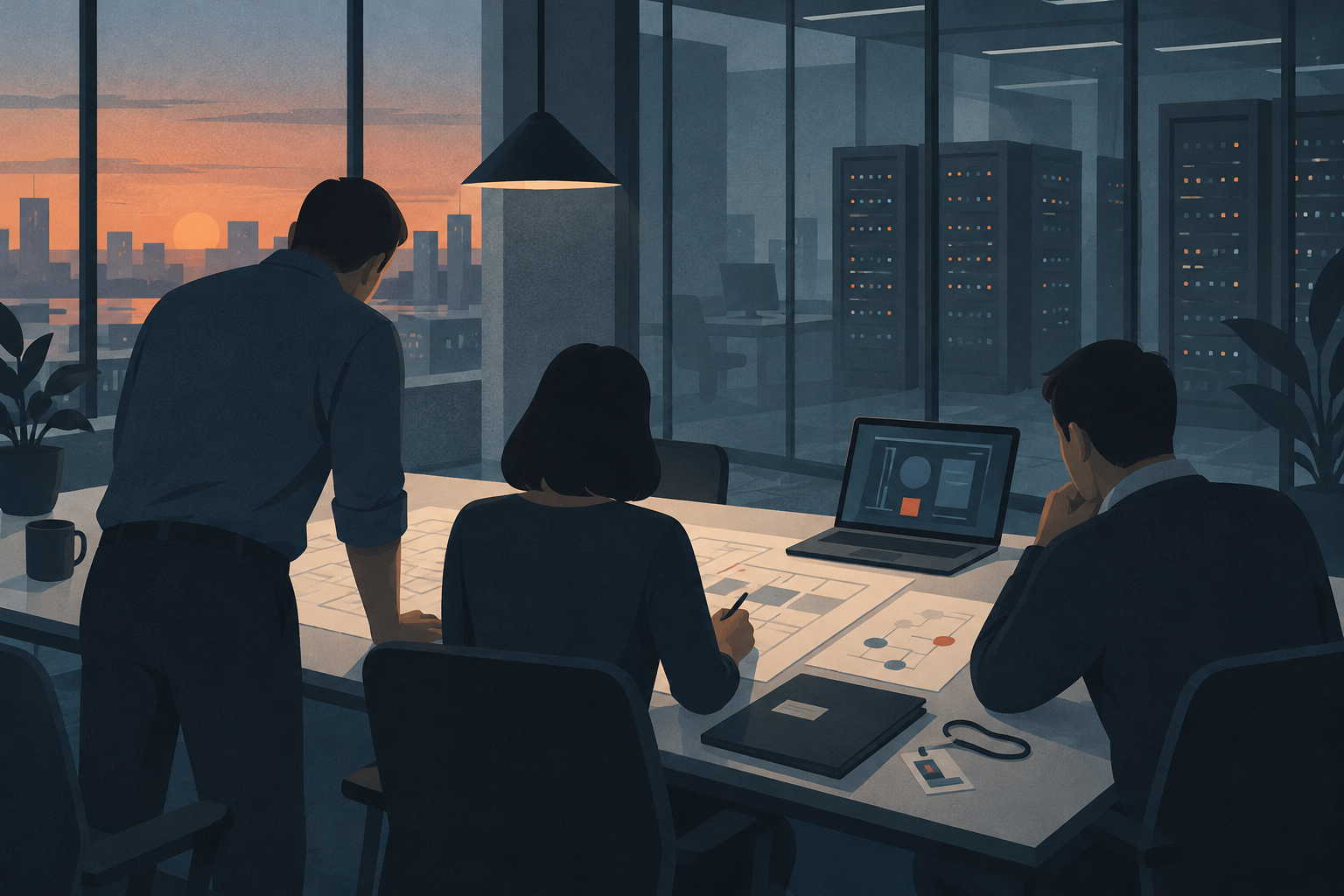 Colleagues review access diagrams in an office with server cabinets behind a glass partition.