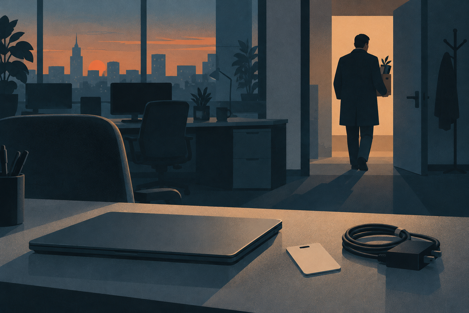 Illustration of a departing worker leaving an office, with a laptop and access card on a desk.