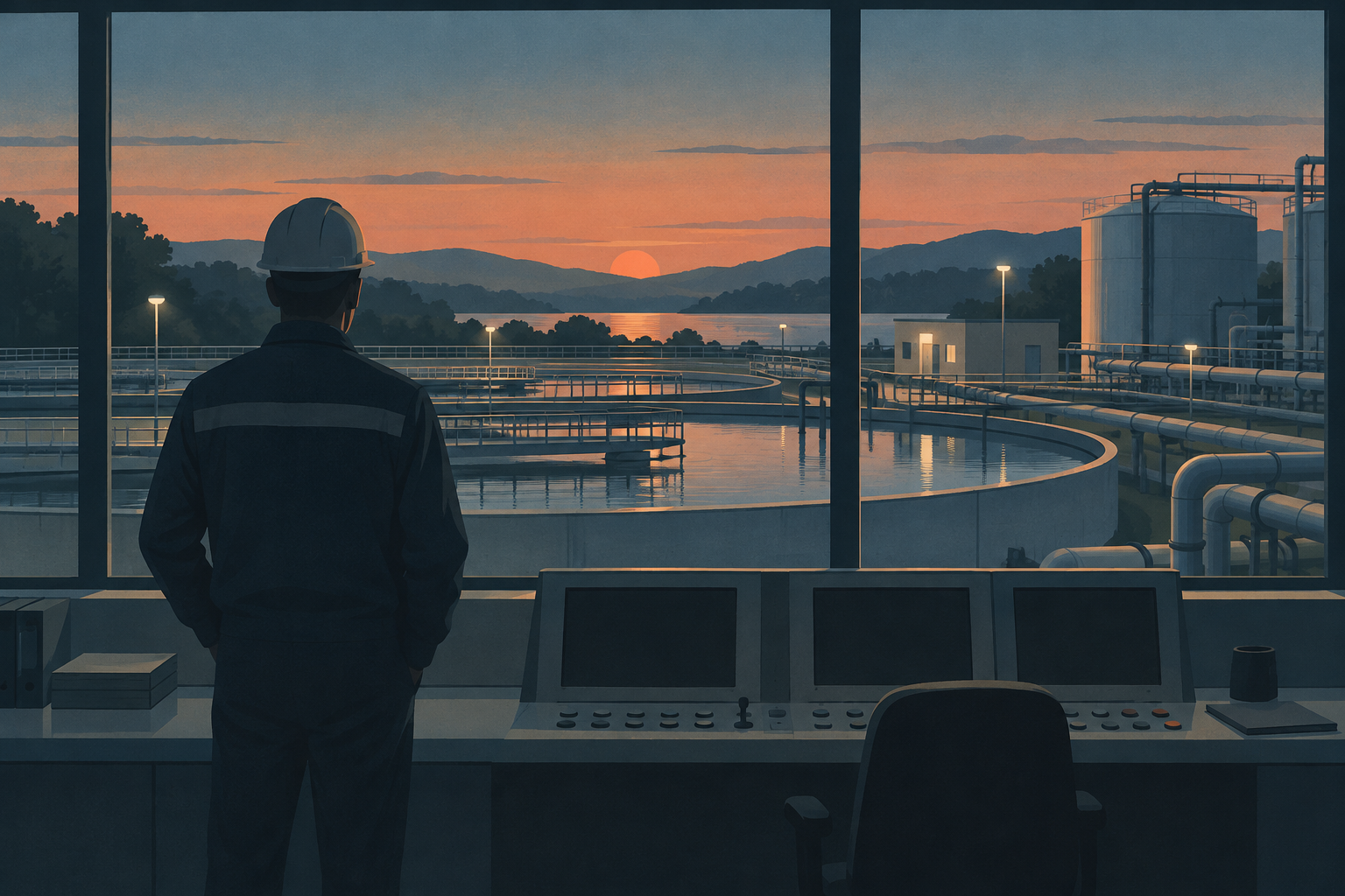 Illustration of a technician beside a dark control console overlooking water treatment tanks at dusk.