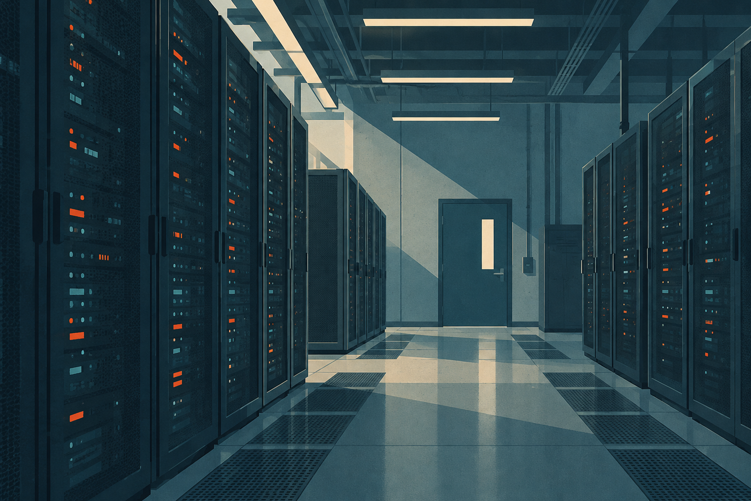 Server racks inside an industrial company’s IT room under cool overhead lighting.