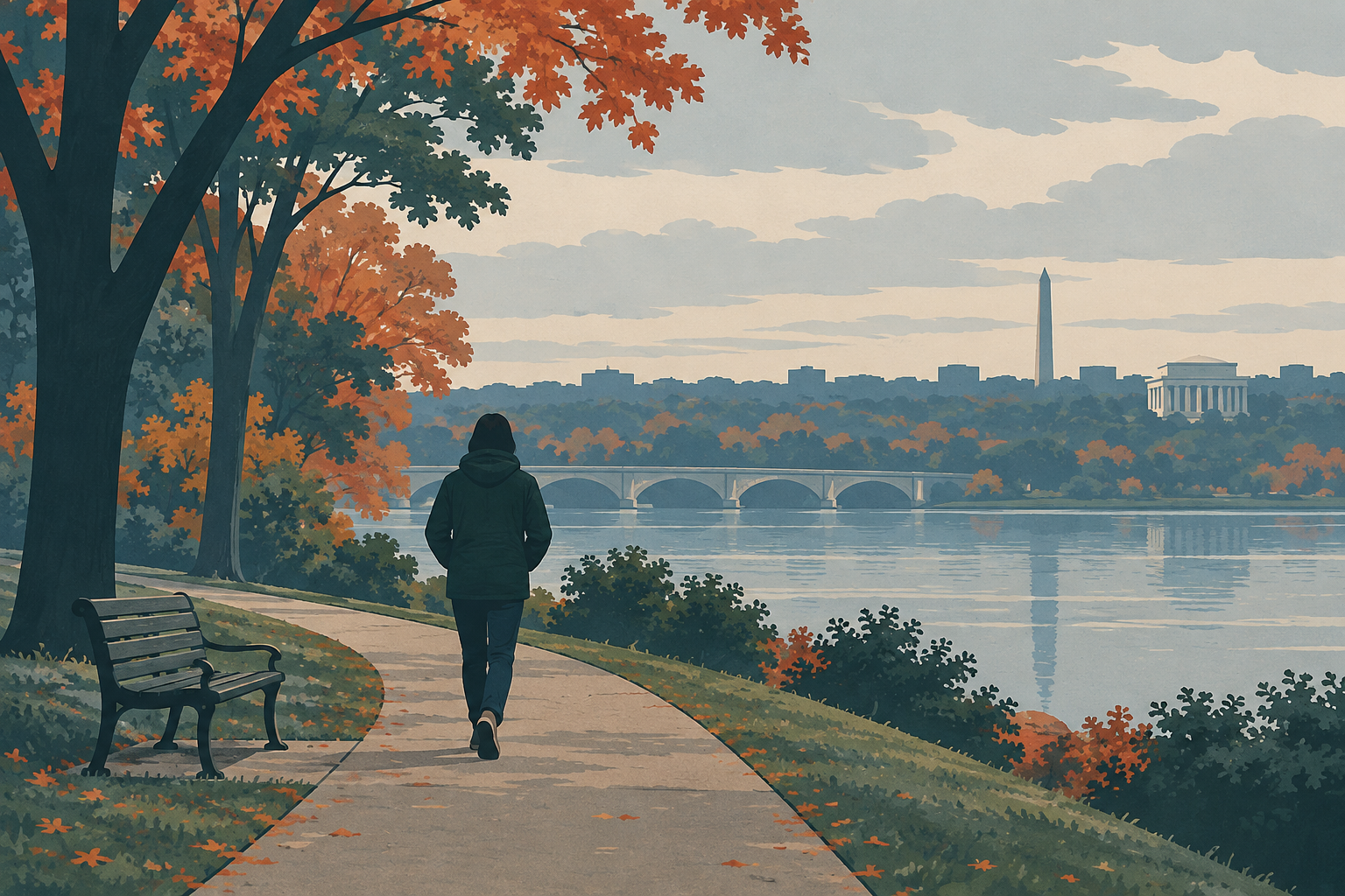 An anonymous person walks past an empty bench on a tree-lined park path.